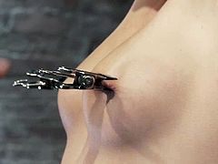 Sexy blonde babe gets tied up and undressed. After that some guy fixes metal clothespins to her nipples and toys her vagina.
