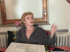 Check out this horny blonde czech granny messing with two big dicked dudes. Her mouth is stuffed with big cock, while her old cunt is getting banged hard!