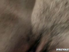 Frisky black haired vixen named Vanessa May takes long thick cock for a ride in reverse cowgirl pose before getting her hairy muff fucked doggystyle.