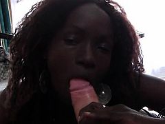 Nasty Afro sex queen eating fat white cock in POV style