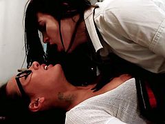 Slender cute black haired schoolgirls Ami Miley and Aiden Ashley with natural perky boobs and long legs in short skirts and white shirts have memorable scorching fantasy in classroom.