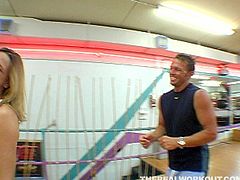 Provocative sporty blonde is flirting with her fitness instructor. She suspects that he has special size for her. Go for the hot sport sex tube video produced by Team Skeet porn site.