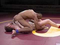 Two guys wrestle and fuck in interracial gay video