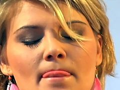 This young blonde strips and spreads her legs wide to take her favorite dildo deep in to her wet pussy in a hot solo masturbation European video