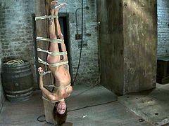 Gia Dimarco gets gets tied up to the wooden post upside down. Her Master fixes weights to her nipples and gets his dick sucked. Later on he also toys her vagina with a vibrator.