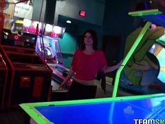 Watch this hottie taking that large cock of her friend in her sexy and small mouth during a pool table game in Team Skeet sex clips.