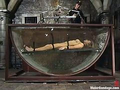 He sets her head up in that device developed to squeeze head. That's painful. Moreover Veronika gets immersed in the tank!
