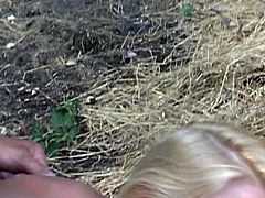 Oldje brings you a nasty free porn video where you can see how a busty blonde belle sucks and rides an old guy's cock in the middle of a haystack til she cums.