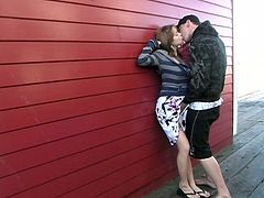 Teen is going to spread her legs outdoor. He pushes her on the wall and their passionate kissing grows into a wild hardcore sex.