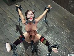 Naughty brunette girl sits on the floor being bounded and gagged. Some guy fixes claws to her nipples and toys her hot pussy.