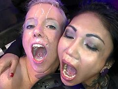 Insolent babes are having a rough time sucking and fucking in gang bang tv show