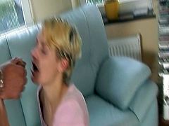 This shorthaired blondie is so kinky today. She lets this guy do whatever he wants to her. He wastes no time, but sticks his dong into her pussy, butthole and gives her a facial.