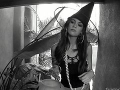Bewitching witch with big boobs gives her lover a great blowjob