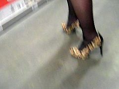 Slut showing in mini skirt, stockings and heels..