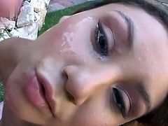Lustful chick comes up to a guy and drops to her knees. She starts to suck his dick and also licks balls. In the end the guy cums on her face.