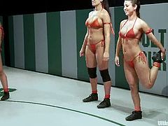 Penny Barber, Syd Blakovich, Serena Blair and Bella Wilde are having a wrestling match on tatami. They struggle with each other brutally and finger each other's cunts as hard as they can.