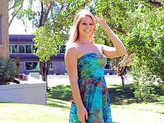 Veronica is a sexy blonde teen with an amazing body. Check out this solo scene where this hot teen masturbates with a dildo outdoors after taking off her dress.