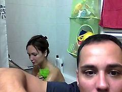 Beautiful girl is taking bath at the background. No one would pay attention to this guy when such girl is caressing her body behind him. Check out if you pass the test.