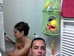 Beautiful girl is taking bath at the background. No one would pay attention to this guy when such girl is caressing her body behind him. Check out if you pass the test.