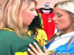 Courtesy of Teen Lesbian Land you can see two naughty blondes and a wild brunette going lesbo after a hot soccer game. There's nothing like some making out to make things more interesting.