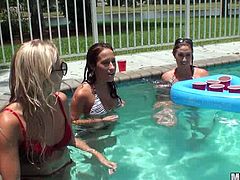 Sexy chicks in bikini have fun in a pool and drink alcohol. After that they give a blowjob to lucky man and get rammed in backyard.