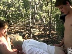 Naked Sword brings you an amazing free porn video where you can see how three wild gay twinks set a naughty threesome in the woods while assuming very hot poses.