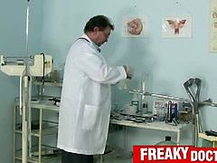 Kristyna meets the freaky gynecologist who takes his time to thoroughly examine pussies. He examines her pussy as well and he also puts a thermometer in her ass hole.
