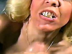 This mature hoe is doing amazing blowjob and she is pleasuring this lucky dude. She gives him deepthroat sucking and then she swallows him jizz.