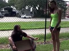 Watch this sexy brunette babe helping the poor homeless that she found on the corner of the street.See how she takes him to her home and grabs his big cock for giving him jerk of his life.