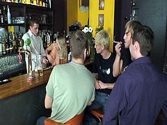 Watch this hot blonde Czech flower seller babe get her tight cunt fucked hard in the bar in front of other boys.See how they all witness this horny blonde getting her tight pussy fucked hard by a horny bar tender and in last all these boys jerks their big cocks and cums on her face.