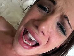 Slutty fuckin' bitch sucks on a hard cock and then gets her fuckin' gash stuffed with big-ass motherfuckin' cock, check it out!