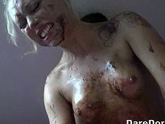 Hot blonde slut gets covered in syrup and banged
