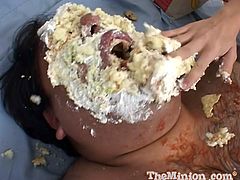 Fat dude eats some food in a disgusting way. Then some cute blondie in lace lingerie has sex with him. She gets fucked in a doggystyle and a missionary poses.