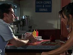 Make sure you take a look at this hardcore scene where the smoking hot brunette milf Lezley Zen is fucked by a stud in a diner.