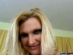 Dirty blonde milf Kory is taking off her clothes and giving pov blowjob
