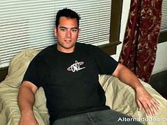 A dark-haired gay is having fun indoors. He demonstrates his butt and cock and then entertains himself by masturbating his boner.