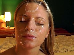 Blonde doll is a master in blowing and having her face covered in jizz