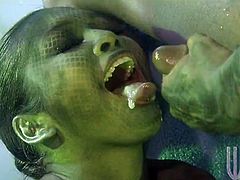 Whoa! Wild aliens doing it on the wall and ceiling! Errie green scales, hot blowjobs with outer space dick! Swallow that space spunk!