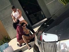 Magnificent Nikita Denise and Stephanie Swift give a double blowjob to a guy near a car. Then these hotties get banged and also facialed.