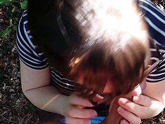 Cheating wife sucks my cock in the woods!
