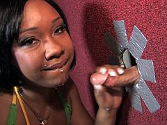 Gloryhole blowjob scene with a charming ebony pornstar Misty Love! She is going to play with that cock in her mouth till it cums.