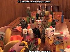 Dark haired slut invite his friend to romantic dinner in wooden room but he take a pineapple instead of condoms. The result he bang her pussy and mouth and finnish on face. In WTF Pass xxx clip.