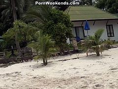 Sexy blonde babe distracts men from volleyball game on a beach by flashing her tits. One of the guys takes her to the private play where she gives him head. Then she plays with her ass hole. Horny stud drills her butt hole missionary style.