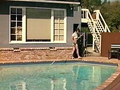 Brazen brunette MILF talks on the phone and rubs her moist hairy cunt. Later one torrid blondie meets her boy over the pool and starts blowing his cock.