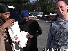 Check this white gay dude while she goes really hardcore in an interracial threesome. He is a kinky gay dude ready for big black cocks!