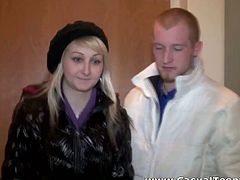 Sweet looking lean Russian blonde girl gives blowjob to her boy. Then Slavic babe rides that cock in reverse cowgirl pose and gets fucked on her side from behind. Dude cums right on her small tits.