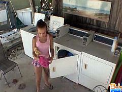After taking her clothes to the laundry room, this kinky Latina babysitter is ready to misbehave as she takes her clothes off and tries some clean ones.