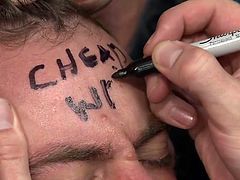 This guy was just going in to buy some gay porn videos, but he ends up being treated like a cheap whore and it's even written on his face. His arms are tied behind his back and he has to suck one big dick after another. His nipples are tortured and his ass cheeks spread.
