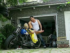 Gorgeous and attractive blonde babe Chary Kiss gets her ass fucked near bike