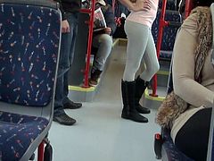 This sexy chick is wearing a pair of grey leggings that show off her sexy ass while she's taking a ride in the bus, Unbeknownst to her a creepy guy walks up behind her and rubs her ass, but she doesn't mind. While her tits are being shown a granny watches the action. It's time for her suck cock.